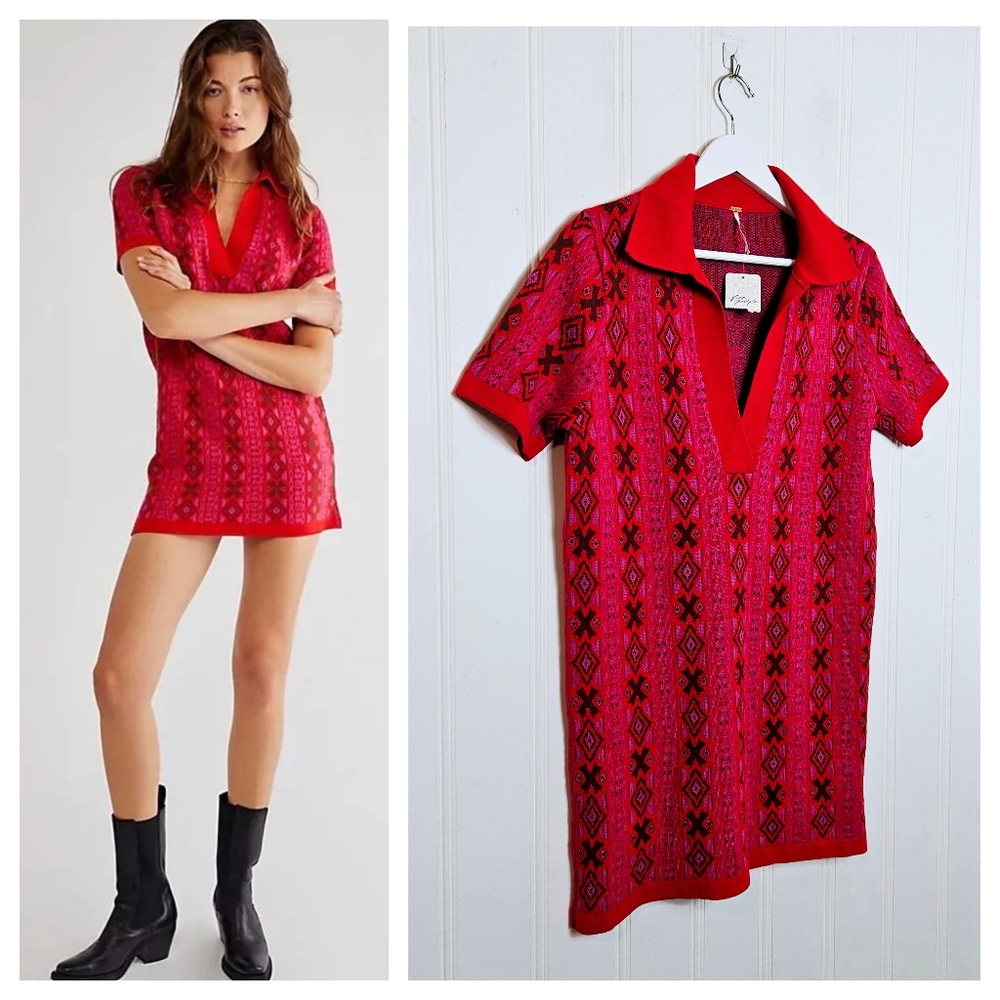 NWT Free People Dress S Kitt Mini Sweater Knit Polo Retro Boho Berry Combo Red